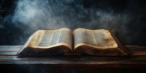 Open Antique Book on Wooden Table Surrounded by Mystical Smoke and Dim Lighting in a Dark Setting