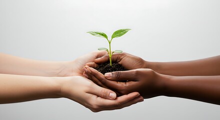 Sprout in Diverse Hands: Nurturing Growth Together on Clean White Background, Embodying Hope and Unity in a Minimalist Style, Concept for Eco-Consciousness and Sustainable Future