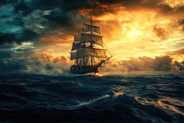 Ship sailing in storm at sunset
