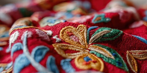 This close-up photograph displays an intricately embroidered textile featuring various floral patterns and vibrant colors, showcasing traditional craftsmanship and artistry.