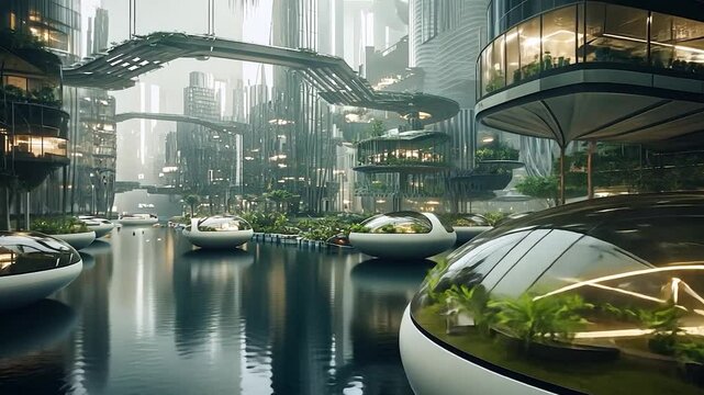 Futuristic cityscape with floating pods and lush greenery by a serene waterway
