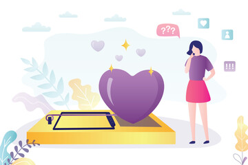Animal trap that uses the heart as bait. mousetrap with bait heart. trap of love. Beauty woman thinking about deception problems.
