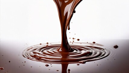 Melted chocolate pouring onto a white background, chocolate drops
