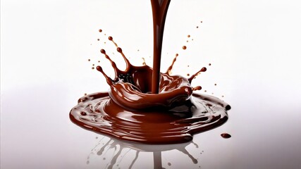 Melted chocolate pouring onto a white background, chocolate drops
