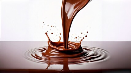 Melted chocolate pouring onto a white background, chocolate drops

