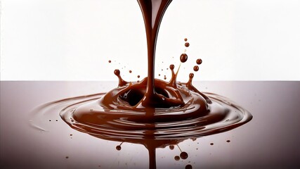 Melted chocolate pouring onto a white background, chocolate drops
