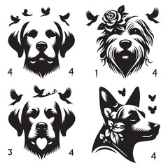 create 4 dog head silhouette vector on white background 