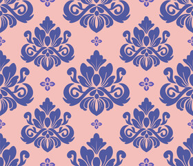 Damask seamless pattern with blue flowers and old rose background, vintage design, vector illustration elegant for textile design, wall paper, bedding, curtains, cushion cover, upholstery fabric, rug