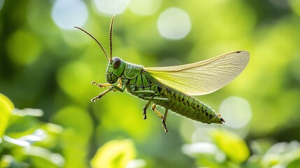 Fototapeta premium Green grasshopper in flight, close-up.