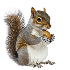 Close-up of adorable squirrel holding a nut with detailed fur and expressive eyes isolated on white background