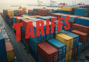 Tariffs Text Over Shipping Containers Port Scene