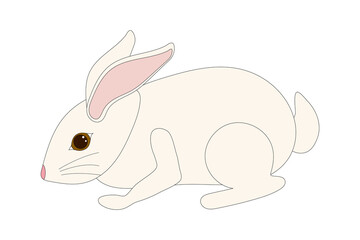 Simple illustration of a white rabbit with pink ears and brown eyes in cartoon flat style on white background. Adorable animal - Easter bunny. A festive spring decoration, perfect for holiday designs.