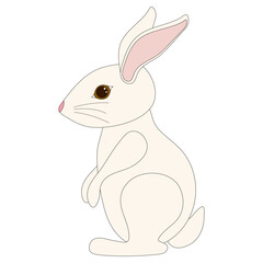 White rabbit with pink ears sits sideways and looks at you with brown eyes. Simple vector drawing of Easter bunny in cartoon flat style on white background. Perfect for holiday, nature, animal theme.