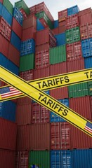 Fototapeta premium USA Tariffs Caution Tape Over Shipping Containers
