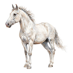 Obraz premium Elegant White Horse Standing Isolated Hand Drawn Watercolor Painting Illustration Detail