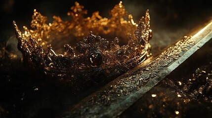 Golden crown and sword, symbols of royal power.