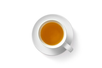 Black tasty aromatic tea in cup isolated on empty white background
