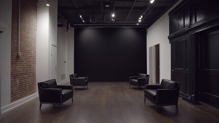Elegant modern studio with versatile black backdrop and leather armchairs