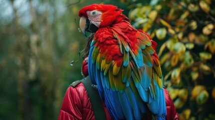 Obraz premium Parrot perched on a owner's shoulder, colorful feathers, vibrant