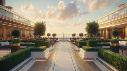 Obraz premium Luxurious rooftop garden walkway at sunset