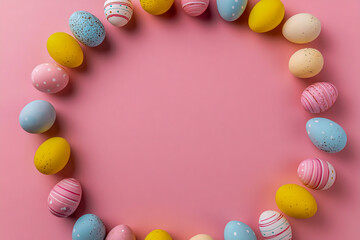 Obraz premium Easter-themed frame made of colorful eggs on a pink background, flat lay, copy space concept for e-commerce design