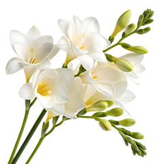 Close up of delicate white freesia flowers.
