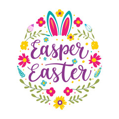 Easter card with easter eggs and bunny Happy Easter Watercolor hand drawn painting of a easter wreath with colorful eggs and spring flowers