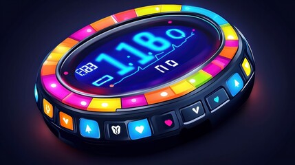 Obraz premium Colorful Circular Fitness Tracker with Glowing Neon Lights and Digital Display