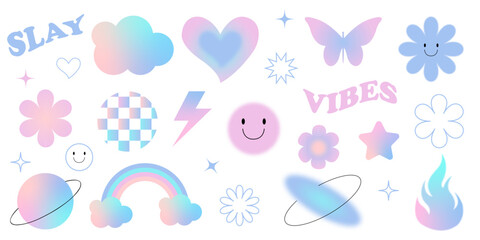 Y2K aesthetic blurred gradient stickers. Retro icons, smiley faces, stars, daisy, flower & pastel vibes