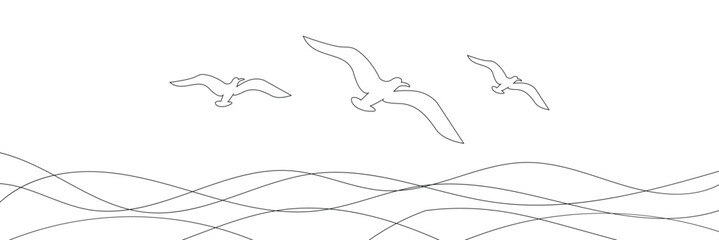 Seagulls fly over the surface of the sea. Small waves. World Maritime Day. One line drawing for different uses. Vector illustration. EPS 10 . 