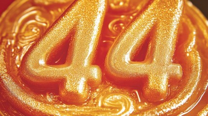 Close up of Glittering Gold Number Forty Four on Red Background