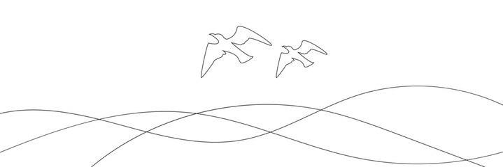 Seagulls fly over the surface of the sea. Small waves. World Maritime Day. One line drawing for different uses. Vector illustration. EPS 10 . 