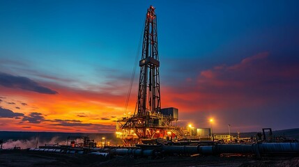 Oil rig silhouetted against a vibrant sunset.