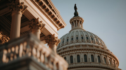 Architectural grandeur: Majestic neoclassical architecture, captured in the golden hour, showcasing the intricate details of a dome, columns, and ornate details, invoking a sense of history and power.