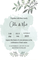 Wedding floral invitation. Greeting card with green and boho color leaves. Can be used as invitation card for wedding.	
