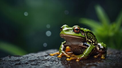 Obraz premium A beautiful green tree frog sitting on rock in a lush forest environment with colorful eyes and spotted skin.