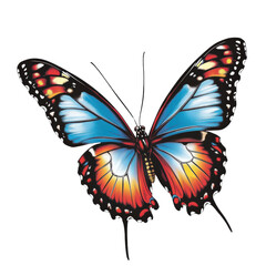 Vibrant Butterfly with Blue, Red, and Yellow Wing Colors, Detailed Close-up of Delicate Insect with Elegant Pattern and Thin Antennae on White Background