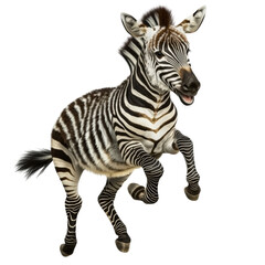 Fototapeta premium Playful Baby Zebra Running Jumping and Leaping with Striped Pattern on White Background in a Dynamic Pose