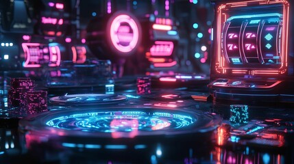 Futuristic casino gaming display of vibrant neon lights.