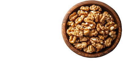 Obraz premium Overhead Shot of Walnuts in a Wooden Bowl Against Dark Background