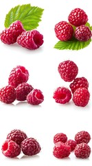 Set of ripe juicy raspberries with leaf isolated