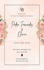 Wedding floral invitation. Greeting card with light peach and boho color flowers. Can be used as invitation card for wedding.	
