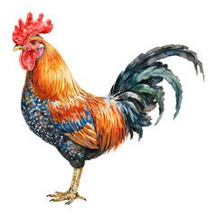 Fototapeta premium Majestic Rooster with Red Crest Isolated Hand Drawn Watercolor Painting Illustration