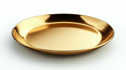 Polished gold dinner plate against a white background.