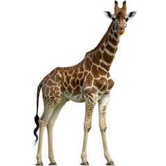 Obraz premium Elegant young giraffe standing tall with long neck and distinctive markings isolated on a white background for wildlife photography and animal conservation themes