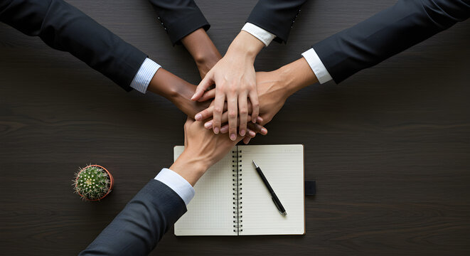 Diverse business team members stacking their hands together, symbolizing unity and collaboration in the workplace.