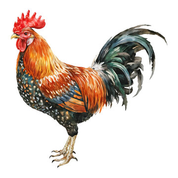 Beautiful Rooster in Full View Isolated Hand Drawn Watercolor Painting Illustration Farm Animal Artwork