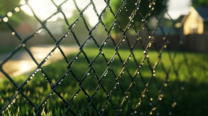 Dew-covered chain link fence at sunrise, suburban backyard.