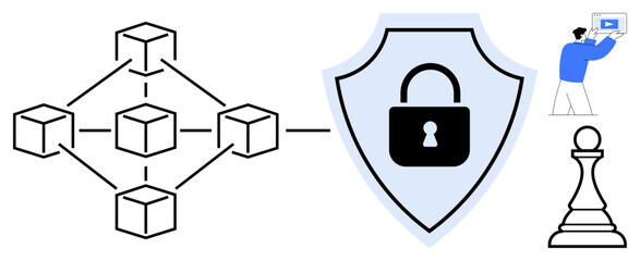 Obraz premium Blockchain network connected to shield with padlock, symbolizing cybersecurity. Includes figure working on screen and chess pawn. Ideal for data protection, network security, digital strategy