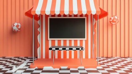 A whimsical striped kiosk with blank chalkboard and checkered floor.